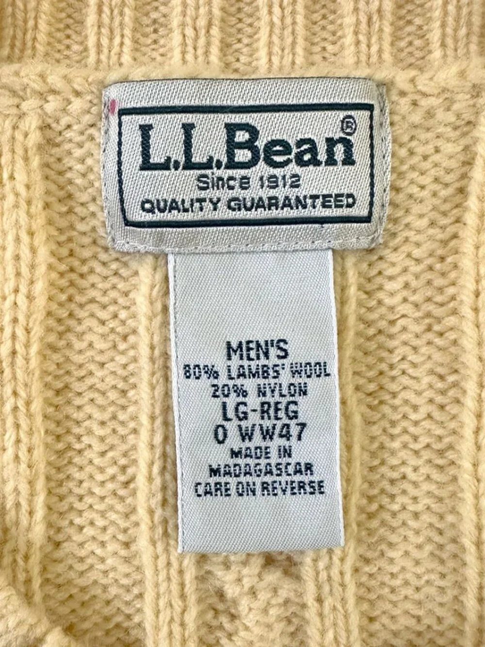 LL Bean Mens Lambswool Cable Knit Crewneck Sweater L Muted Yellow Preppy Classic